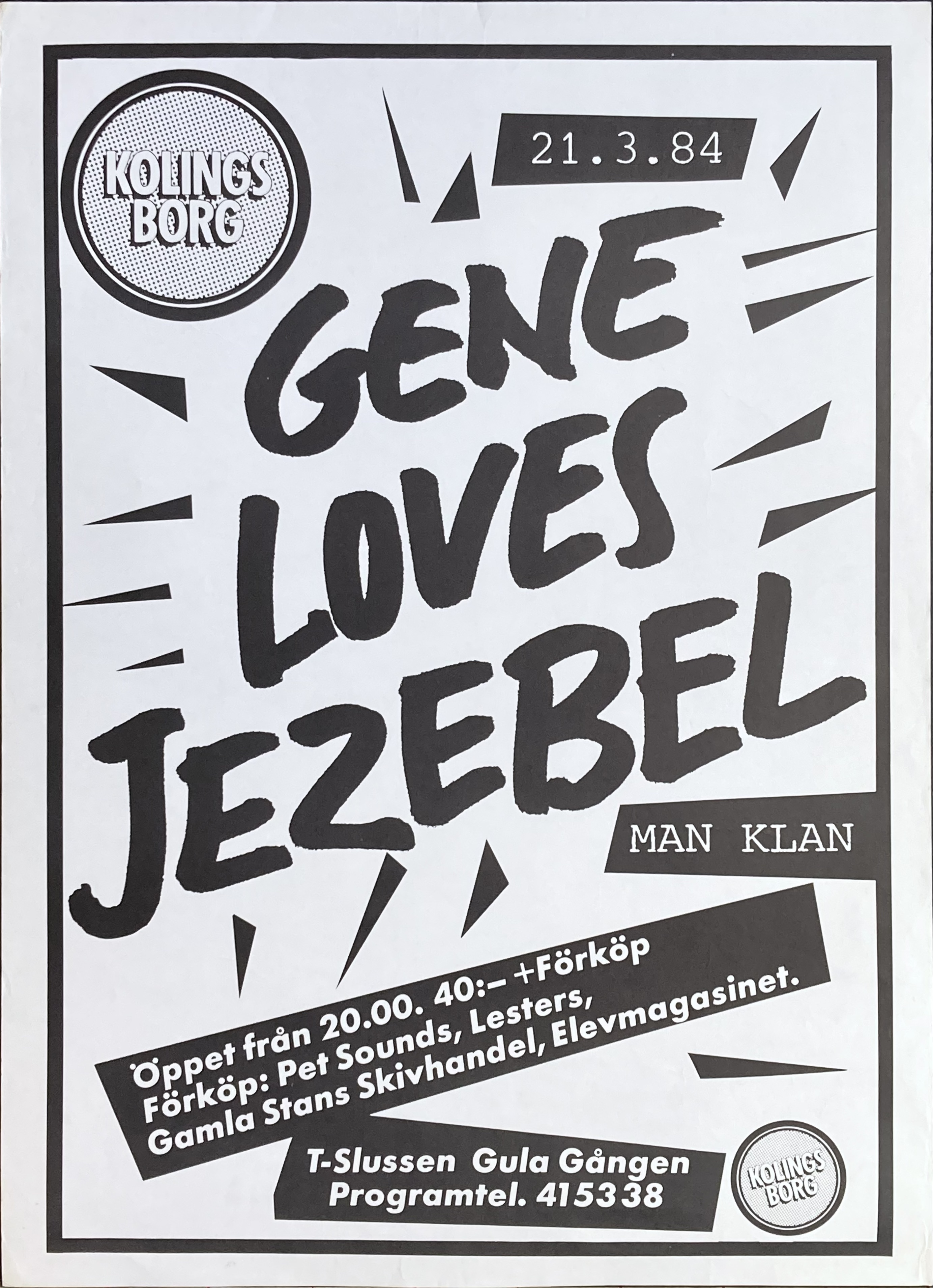 GENE LOVES JEZEBEL, MAN KLAN - Stockholm 21 Mar Concert poster (1984)
