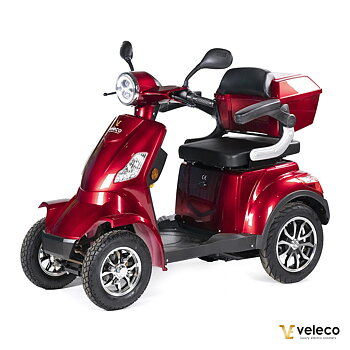 Bäst i test: Röd 1000W fyrhjulig promenadscooter – även kallad permobil från Faster. Se den eleganta profilen i sidovyn för bekväm rörlighet.