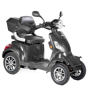 Bäst i test: Grå 1000W fyrhjulig promenadscooter. Utforska bekväm och effektiv rörlighet med denna pålitliga permobil.