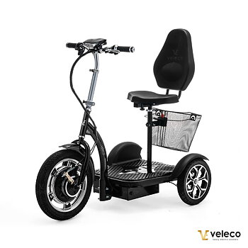 ZT16_hopfällbar_promenadscooter_trehjulig_permobil_i_svart_med_korg_från_sidan