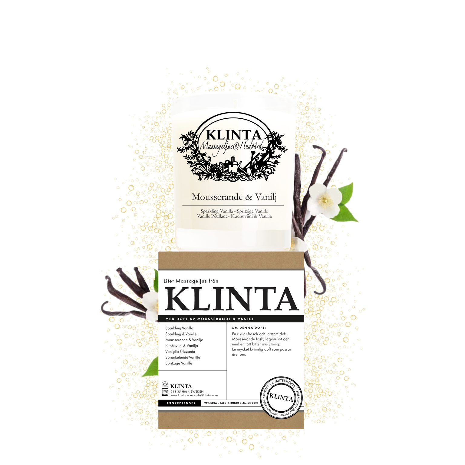 Klinta massageljus/doftljus - Mousserande & Vanilj