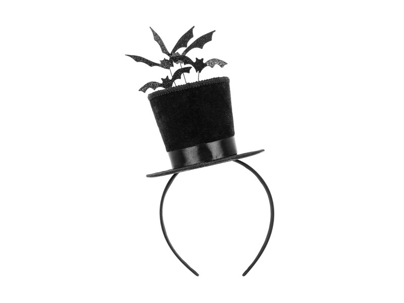 Svart Halloween diadem med minihatt och fladdermöss