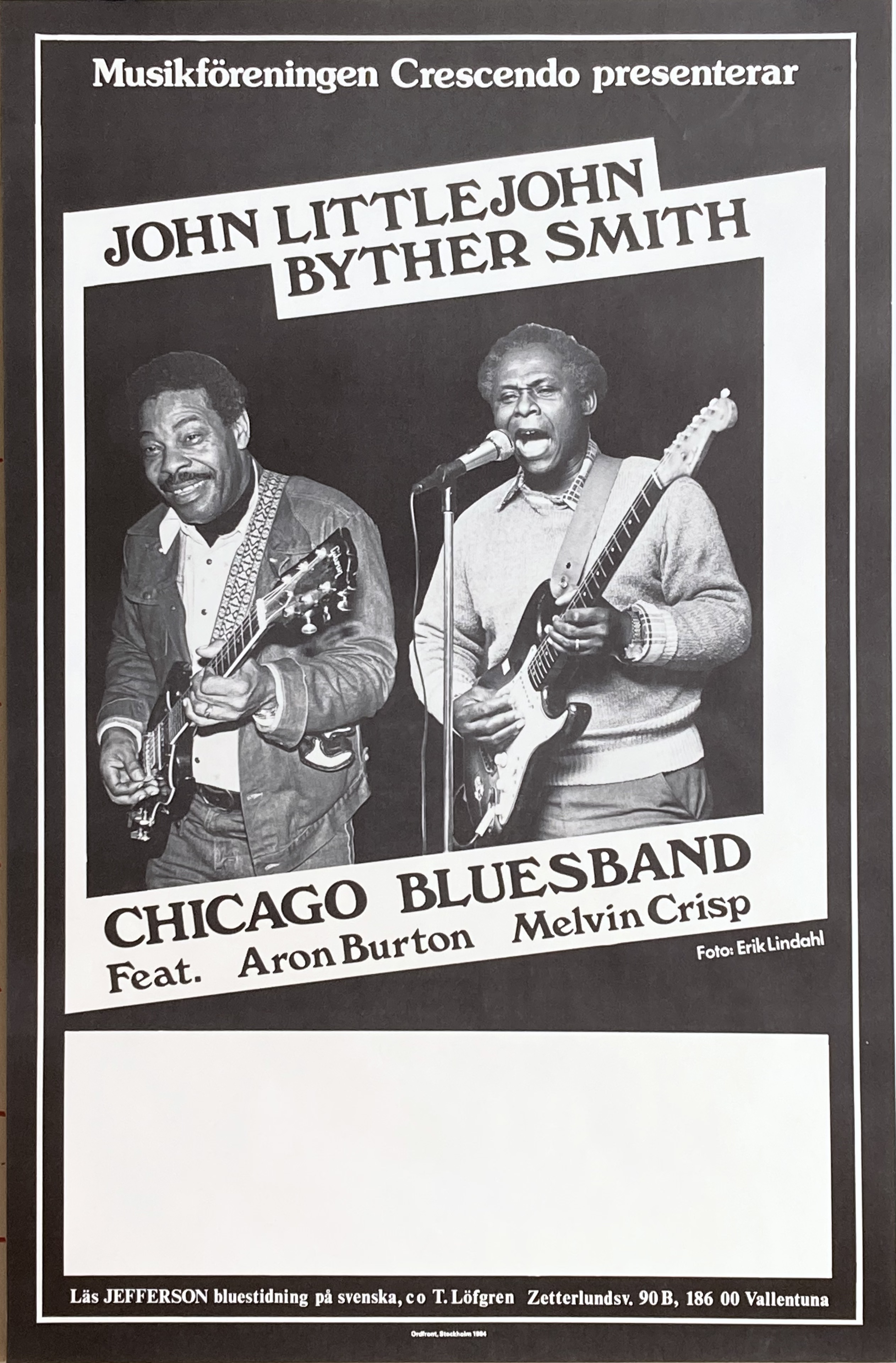 JOHN LITTLEJOHN, BYTHER SMITH + CHICAGO BLUESBAND - Svensk / Skandinavisk Turnéaffisch (1984) 