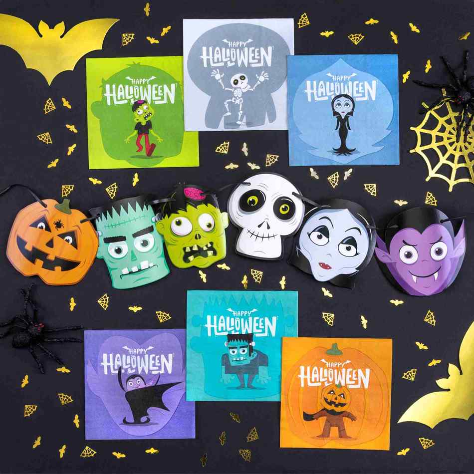 Monsters Halloween-servetter tillsammans med matchande Halloween-dekorationer och festtillbehör