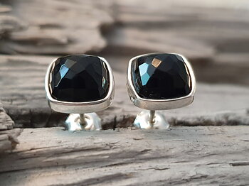 Black onyx earrings ca. 9x9mm checker cut sterling silver