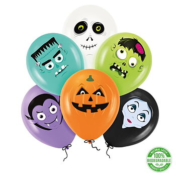 Halloween Monsters biologiskt nedbrytbara latexballonger 30 cm 6-pack med Frankenstein, zombie, pumpa, skelett och vampyr