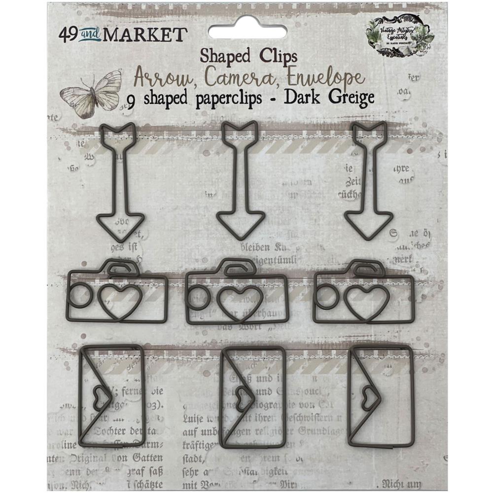 49 And Market - Foundations Paper Clips 9/Pkg - Arrow, Camera, Envelope In Dark Greige