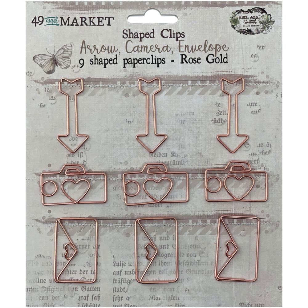 49 And Market - Foundations Paper Clips 9/Pkg - Arrow, Camera, Envelope In Rose Gold