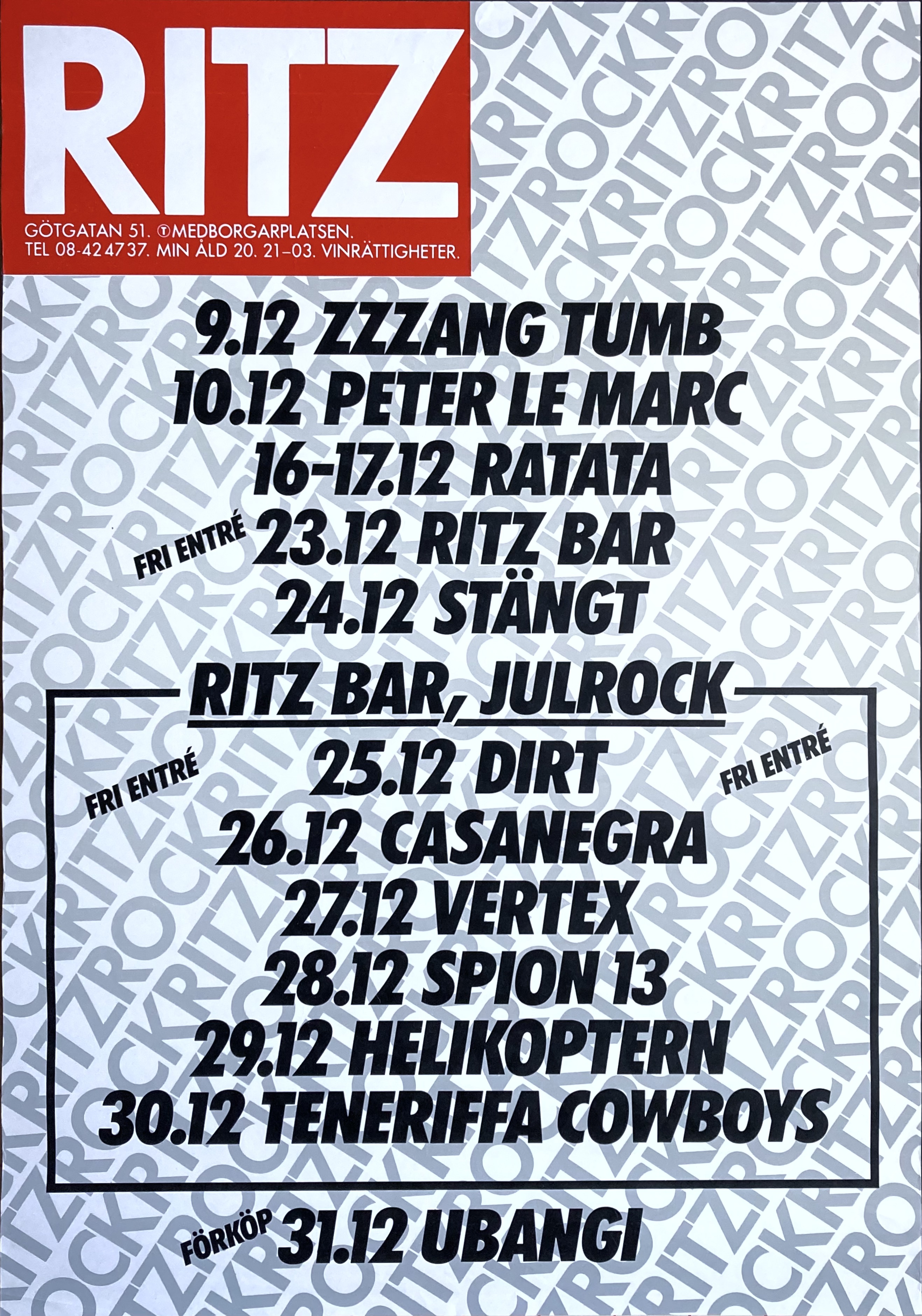 Club RITZ - Stockholm Dec Konsertaffisch (1982)