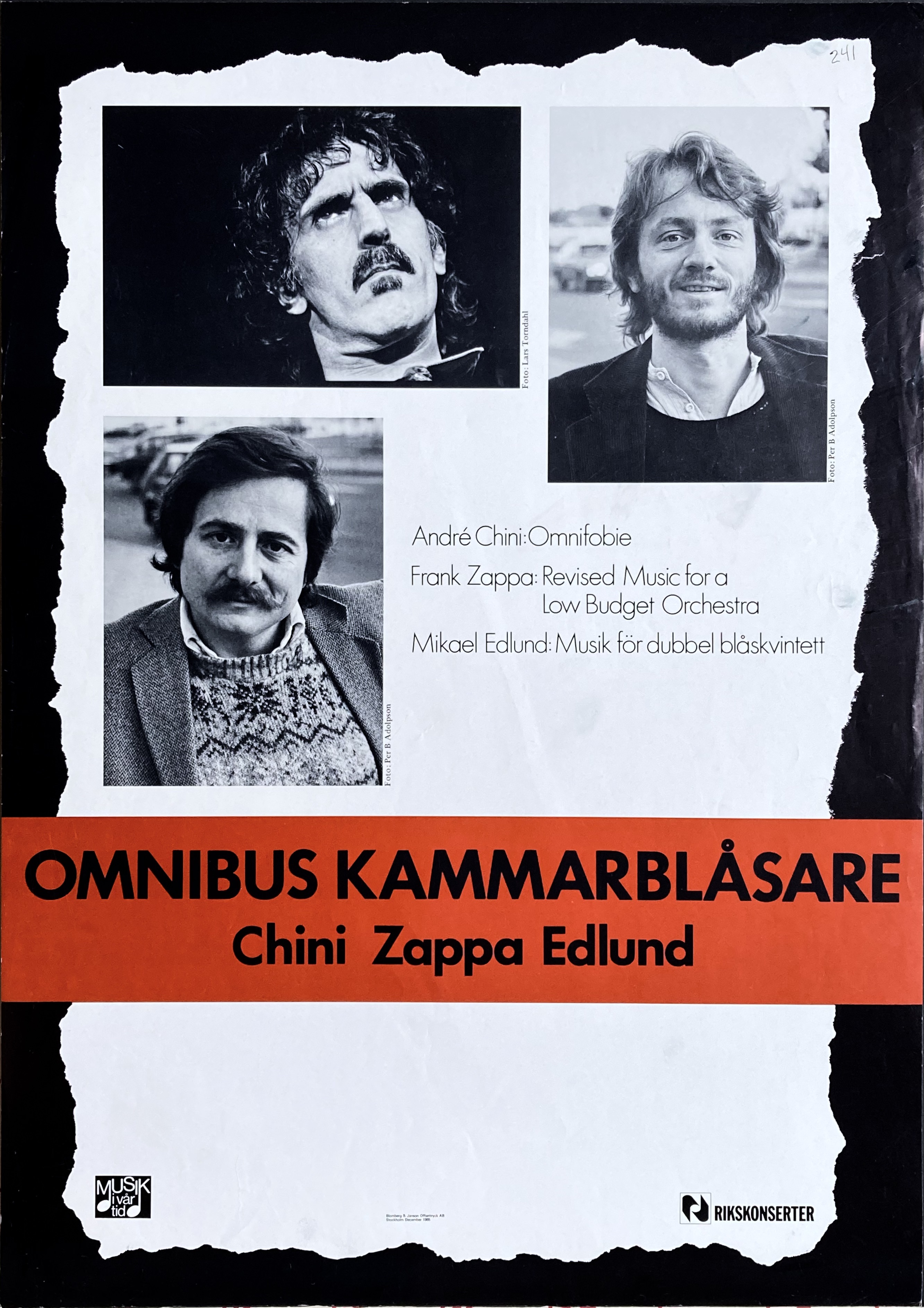 OMNIBUS KAMMARBLÅSARE performs Chini, Zappa, Edlund - Swedish TOUR poster (1983) 
