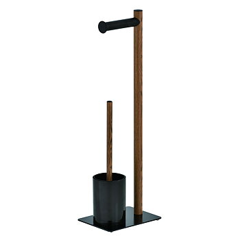 Toilet paper holder with toilet brush (wood pattern/black)