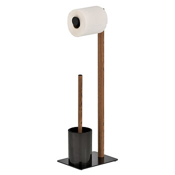 Toilet paper holder with toilet brush (wood pattern/black)