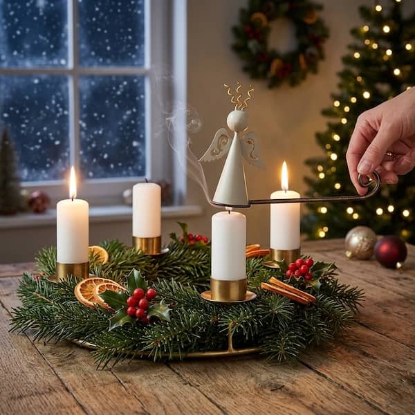 Ljussläckare med ängel släcker ljusen säkert i en adventsljusstake.
