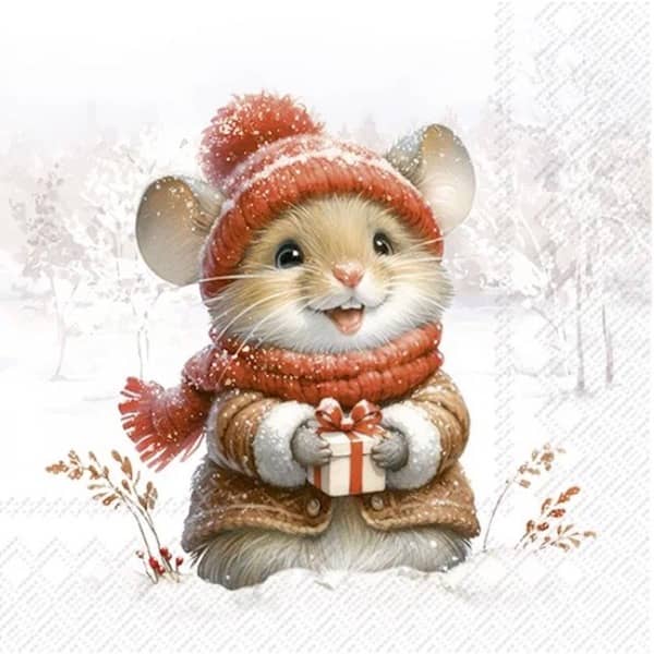 Julservett med motiv av en söt mus i röd stickad mössa och halsduk som håller en julklapp på snöbakgrund.