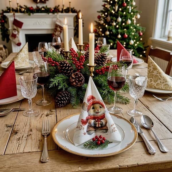 Stämningsfull juldukning på ett träbord med vikta IHR julservetter med motiv av en liten mus i röd mössa och halsduk.