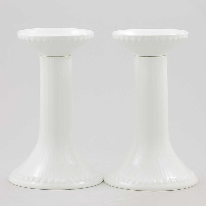 Hertha Bengtson (Tiara 1950s) Two White Candleholders with Relief Decor 15 cm