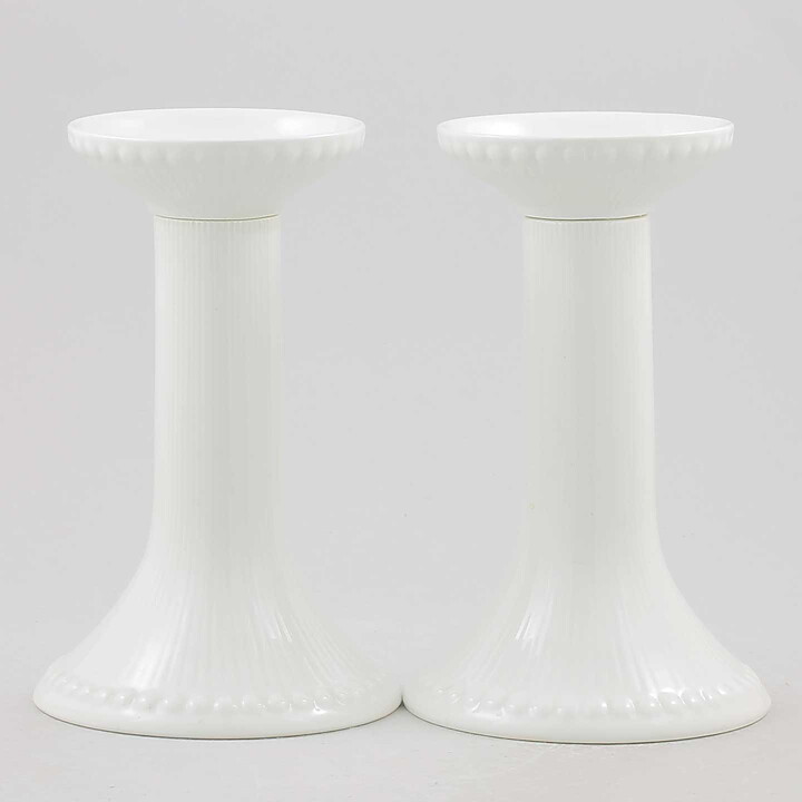 Hertha Bengtson (Tiara 1950s) Two White Candleholders with Relief Decor 15 cm