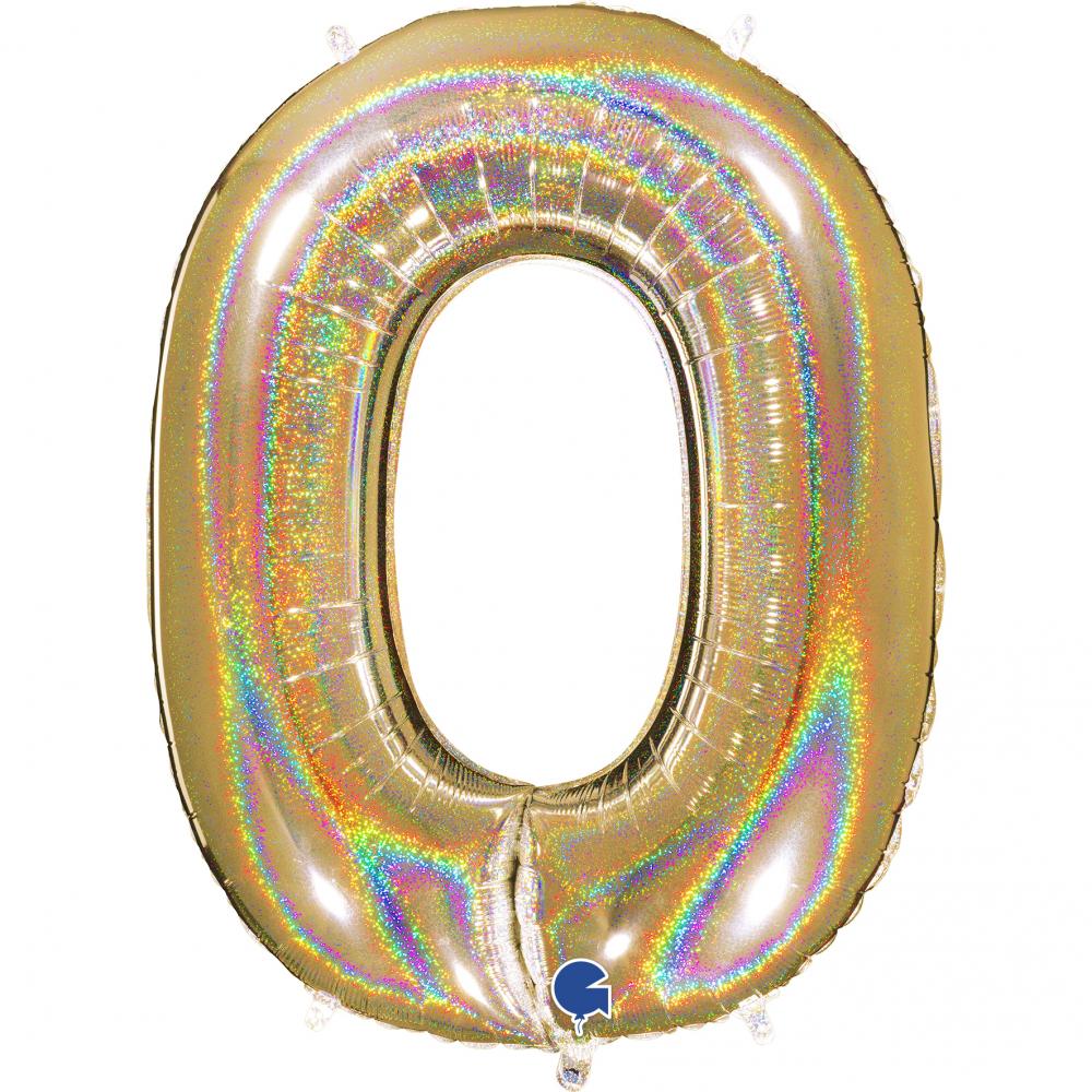 Stor Sifferballong i Folie 0, Glitter Guld