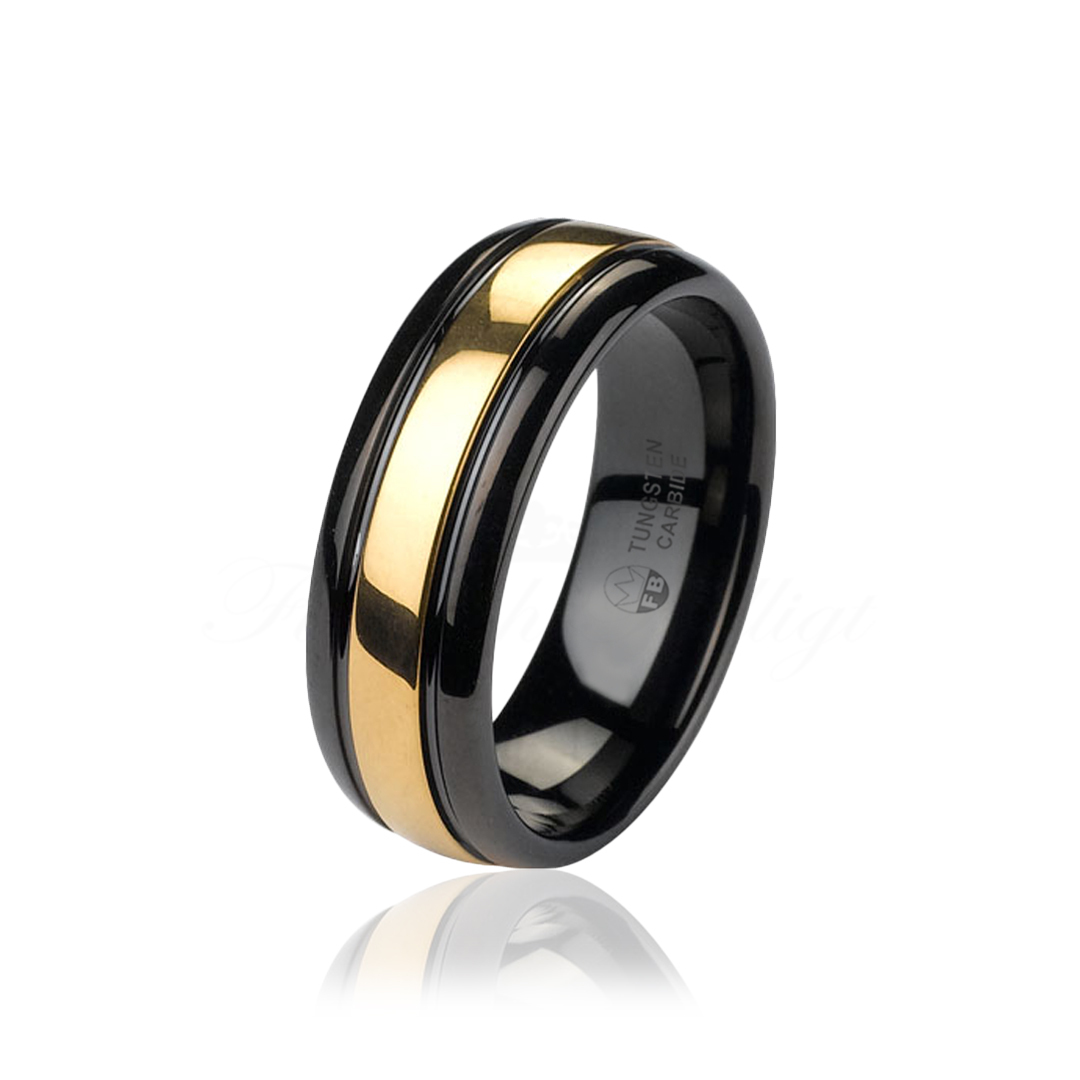Round Goldline - High Gloss Black Tungsten Ring with 18K Gold Plated Inlay 6mm 8mm - 2