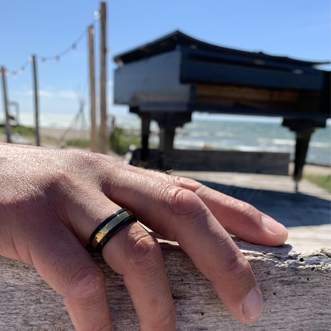 Round Goldline - High Gloss Black Tungsten Ring with 18K Gold Plated Inlay 6mm 8mm - 3