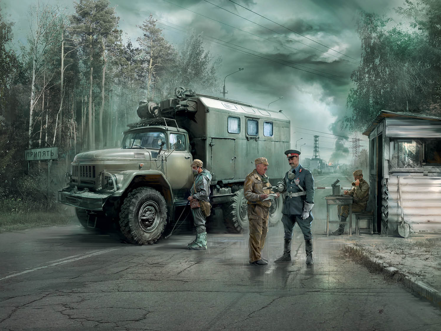 1/35 Chernobyl#1. Radiation Monitoring Station (ZiL-131KShM truck & 5 figures & diorama base with background)
