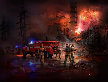 1/35 Chernobyl#2. Fire Fighters (AC-40-137A firetruck & 4 figures & diorama base with background)