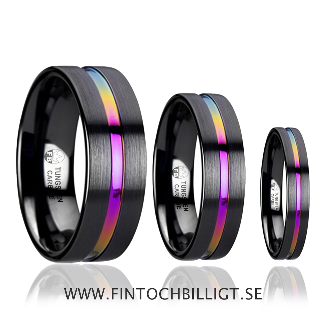 Rainbow - Mattsvart Tungstensring Regnbågsfärgat Inlägg 4mm 6mm & 8mm - 3