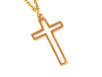 Ihåligt Guldkors Halsband i Rostfritt Stål, Gyllene Kors Hänge, Konfirmation Smycke
