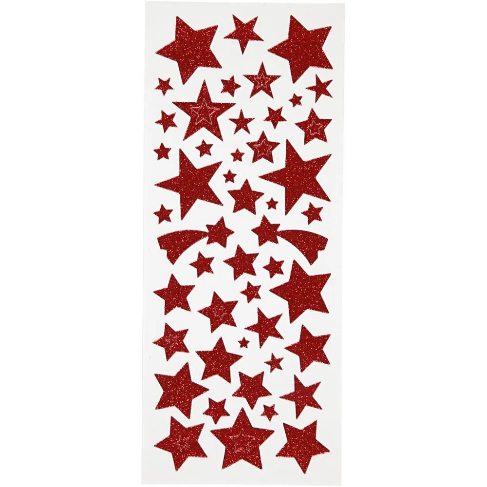Glitterstickers - 10 x 24 cm - Röda - Stjärnor - 2 ark