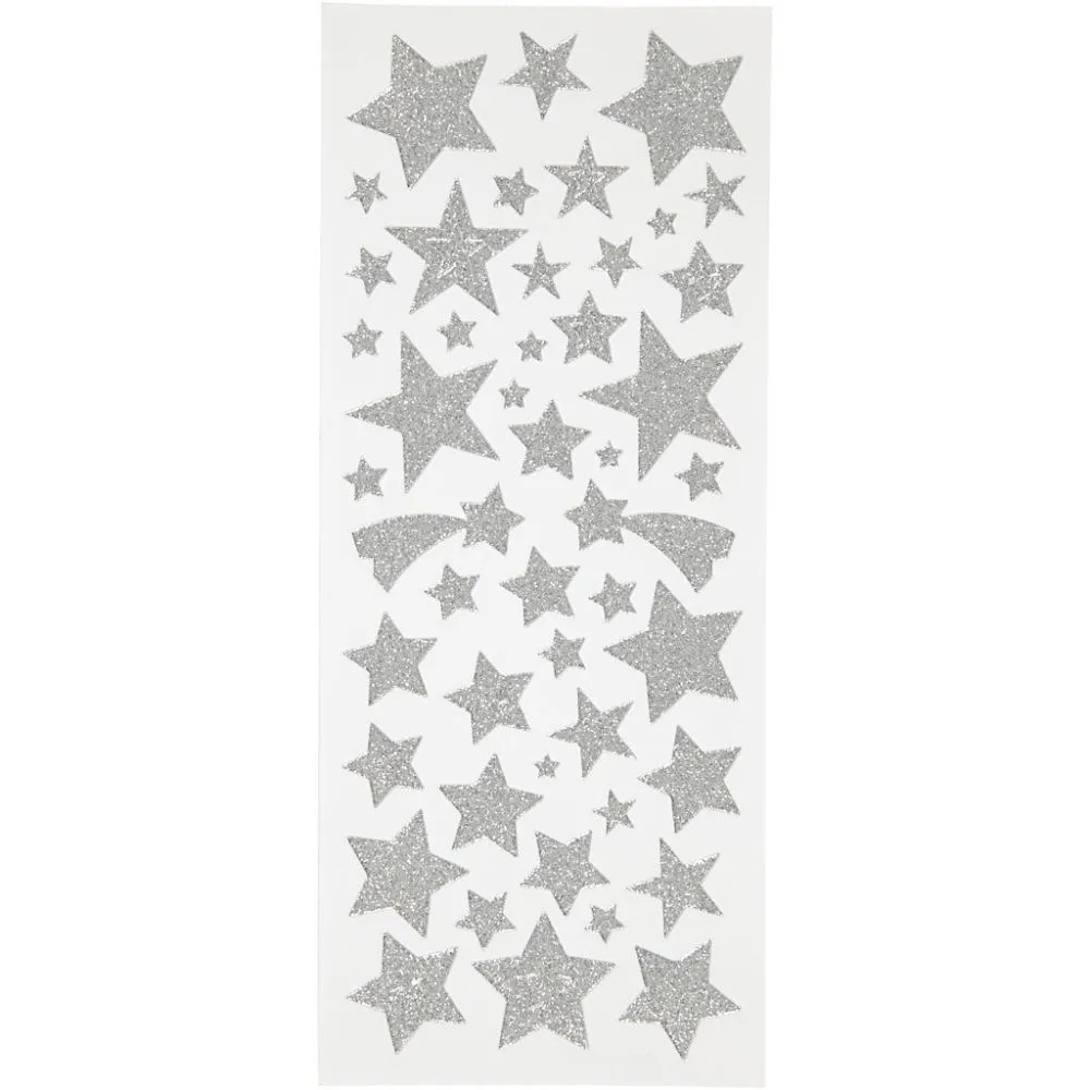 Glitterstickers - 10 x 24 cm - silver - Stjärnor - 2 ark