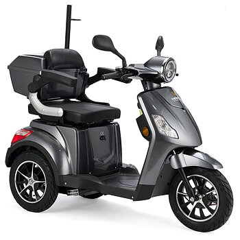 Bäst i test: Promenadscooter, litiumjonbatteri, 3 hjul, 800W elmotor, grå. Kallas även promenadskoter eller permobil.