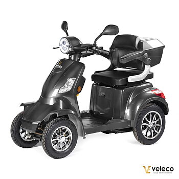 Promenadscooter bäst i test med litiumjonbatteri även kallad  permobil eller promenadskoter grå 1000W fyrhjulig promenadscooter Faster snett framifrån