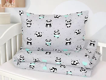 Påslakanset, Spjälsäng Panda inkl. täcke och kudde - Grå (4 delar)