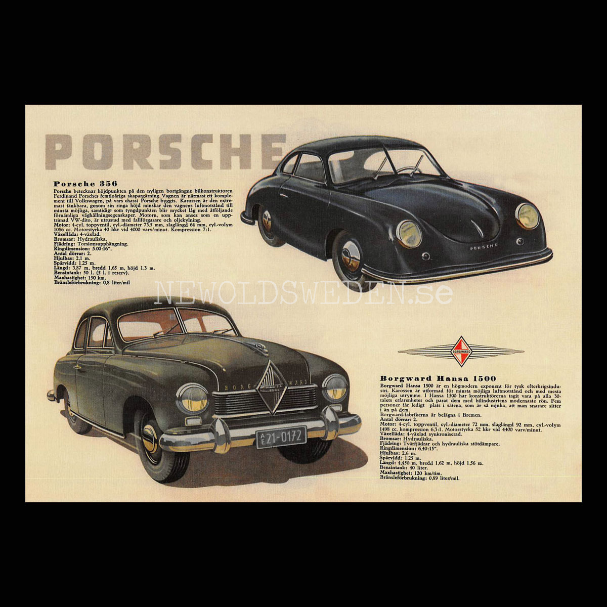 Porsche 356 & Borgward Hansa 1500 - Vykort A5