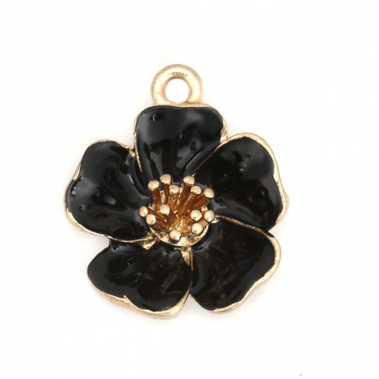 Charm -  Enamaled, flower, Poppy black gold