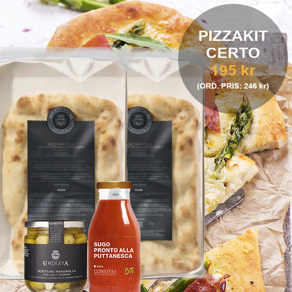 PIZZAKIT Certo med pizzabottnar, ekologisk körsbärstomatsås och Manzanillaoliver