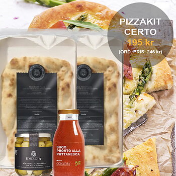 PIZZAKIT Certo med pizzabottnar, ekologisk körsbärstomatsås och Manzanillaoliver