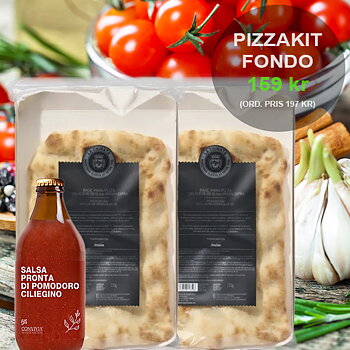 Pizzakit Fondo, pizzabottnar och ekologisk körsbärstomatsås från Sicilien.