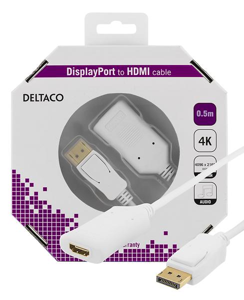 Deltaco DisplayPort till HDMI 2.0b-kabel, stödjer 4K i 60Hz, aktiv, 0,5m, vit