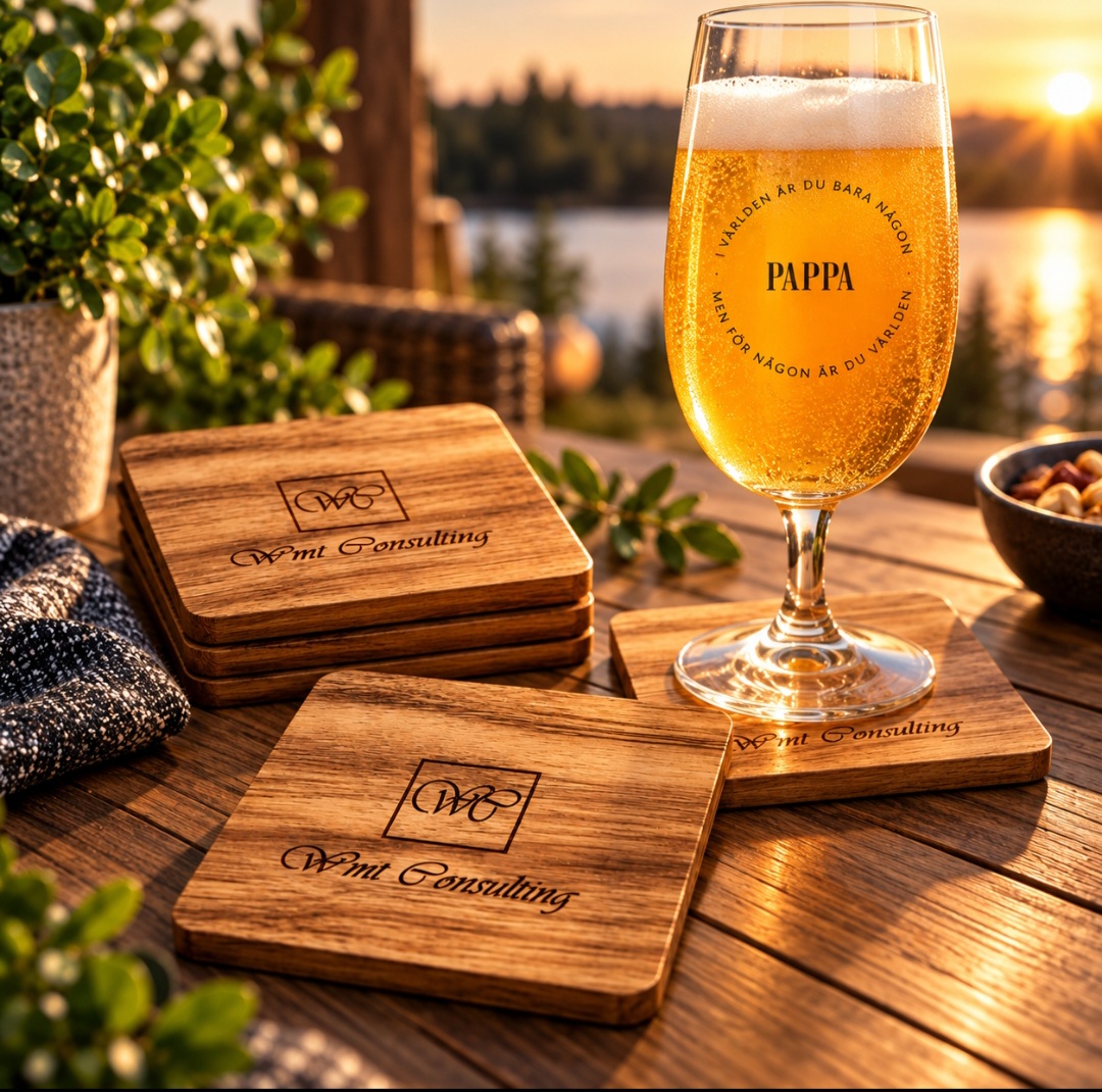 Glasunderlägg i trä med personlig text – 4-pack