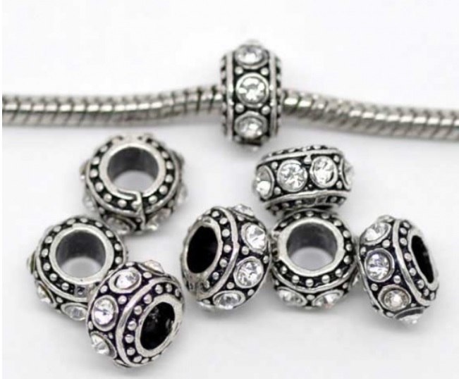 Bead / pendant- Disc Barrel w rhinestones , Clear - 2