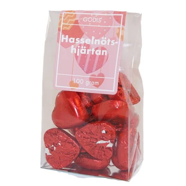 Chokladhjärtan, hasselnöt, röda, påse