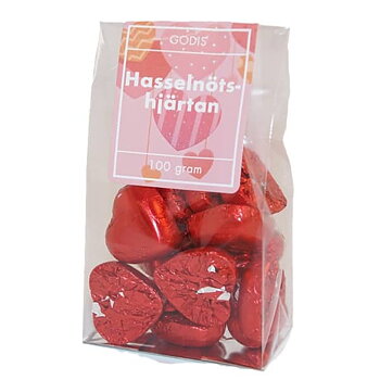 Chokladhjärtan, hasselnöt, röda, påse