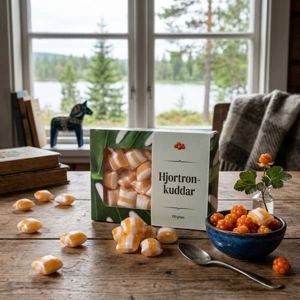 En ask Hjortronkuddar 150 gram tillsammans med randiga hjortronkarameller och färska hjortron i en skål på ett träbord framför ett fönster.