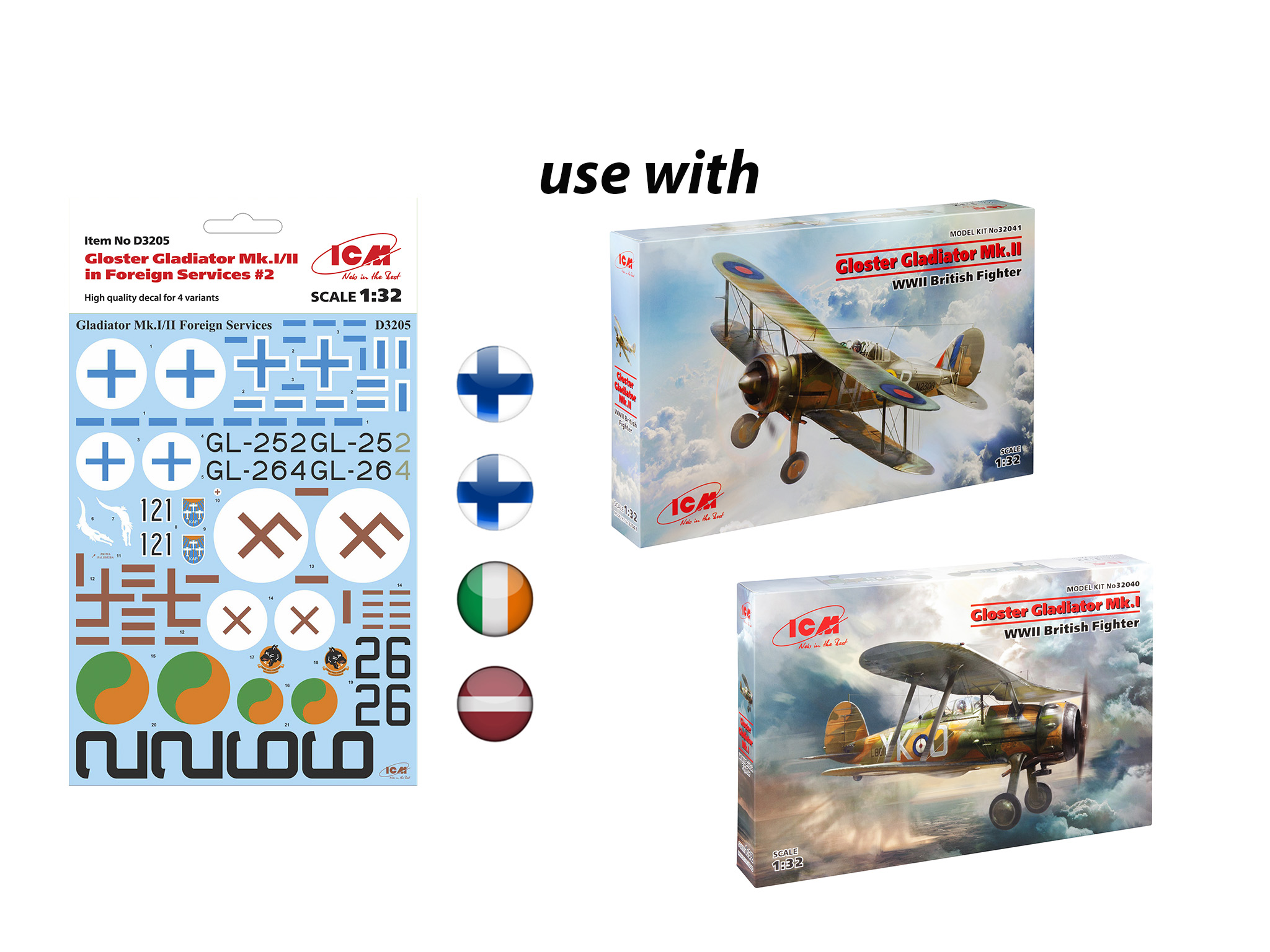 1/32 Decal for Gloster Gladiator Mk.I/II 4 marking variants are included (two Finnish, Latvian and Irish Air Force) P/p