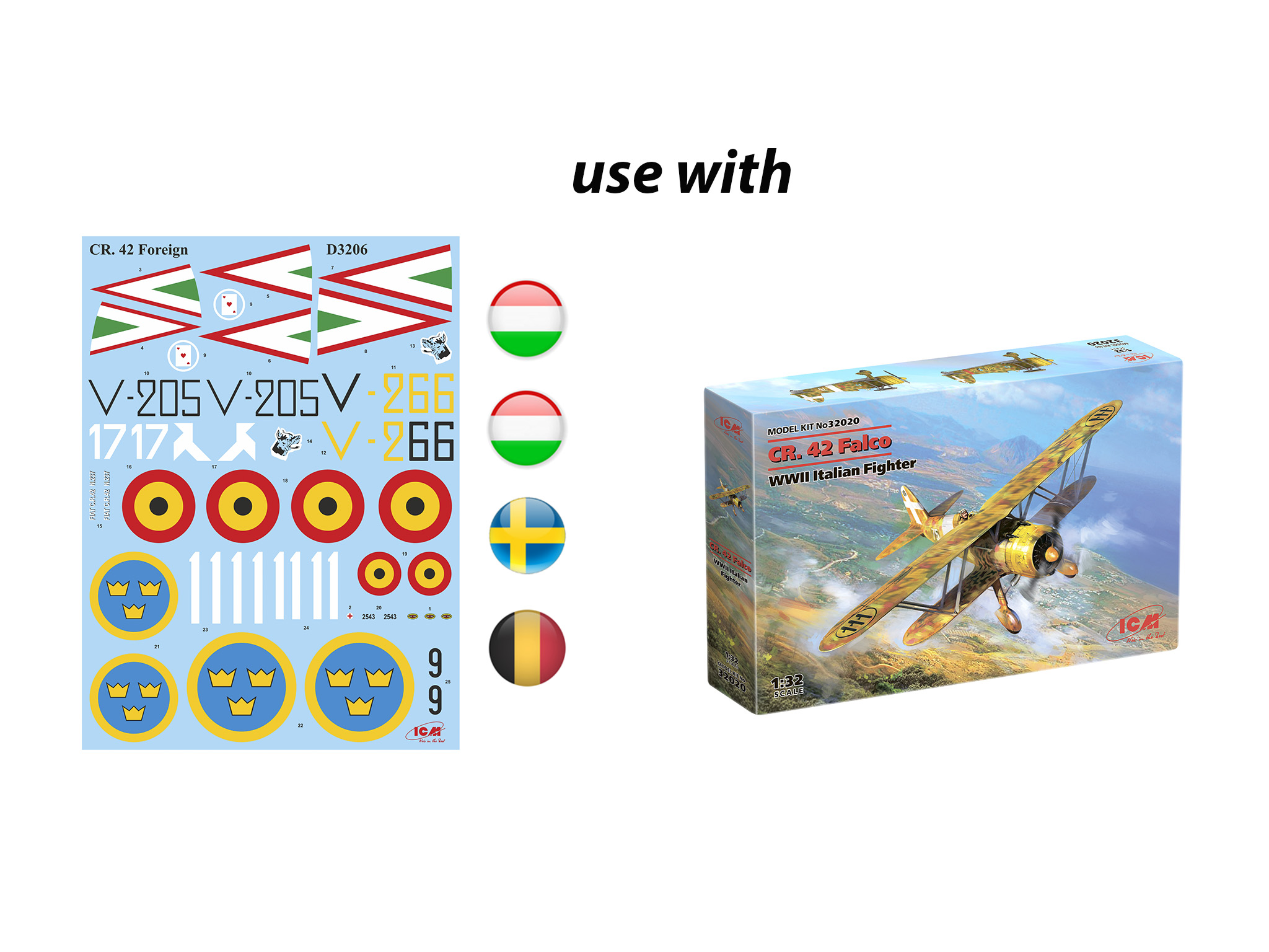 1/32 Fiat CR. 42 Falco 4 marking variants are included (two Hungarian – early, Belgian and Swedish Air Force)P/p