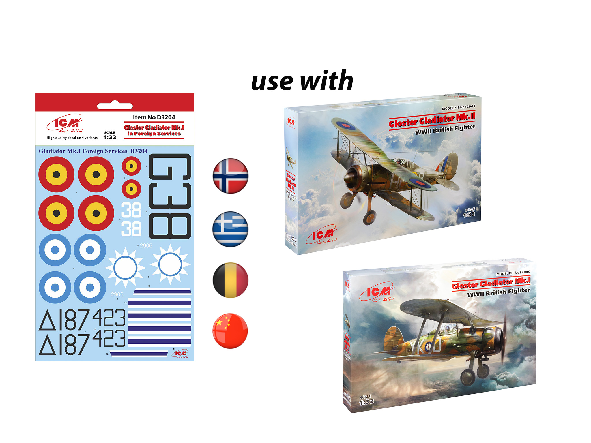 1/32 Decal forGloster Gladiator Mk.I 4 marking variants are included (Belgian, Norwegian, Greek and Chinese AF) P/p