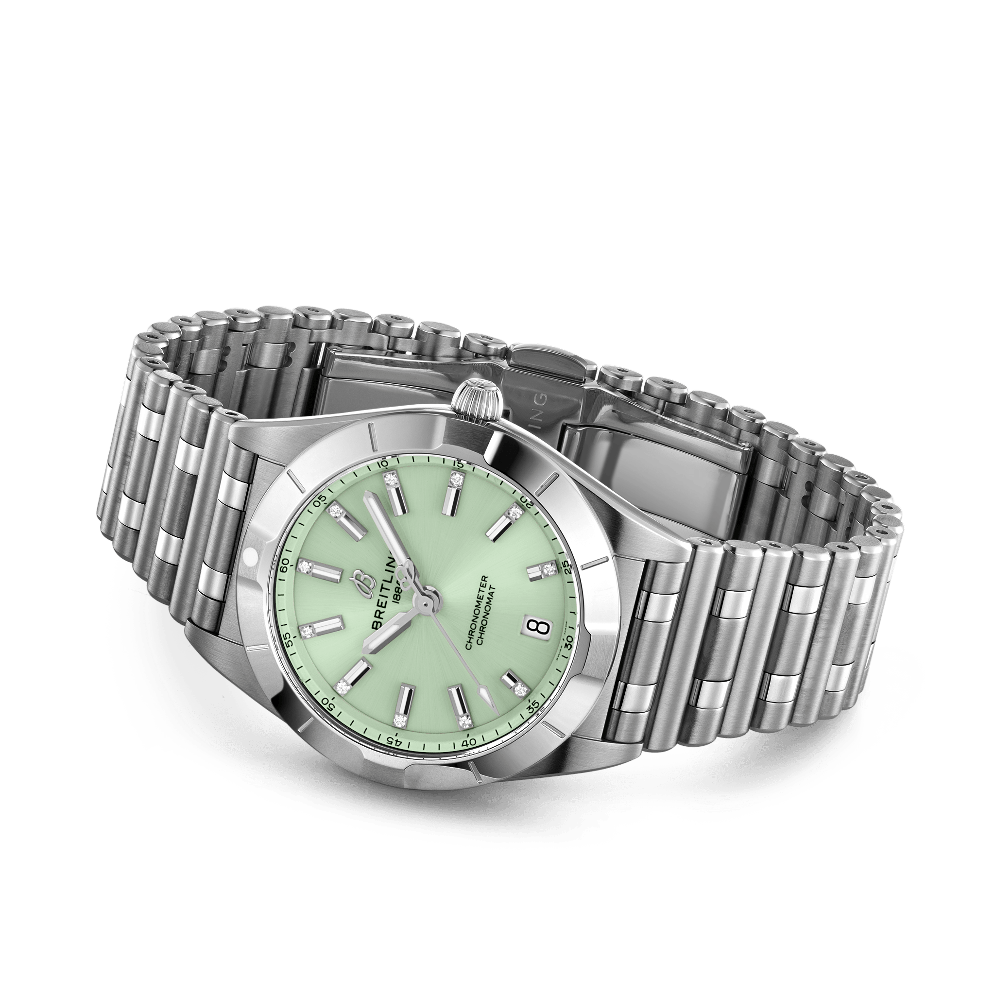 A77310101L1A1 Breitling Chronomat 32 stål mint grön och diamant index