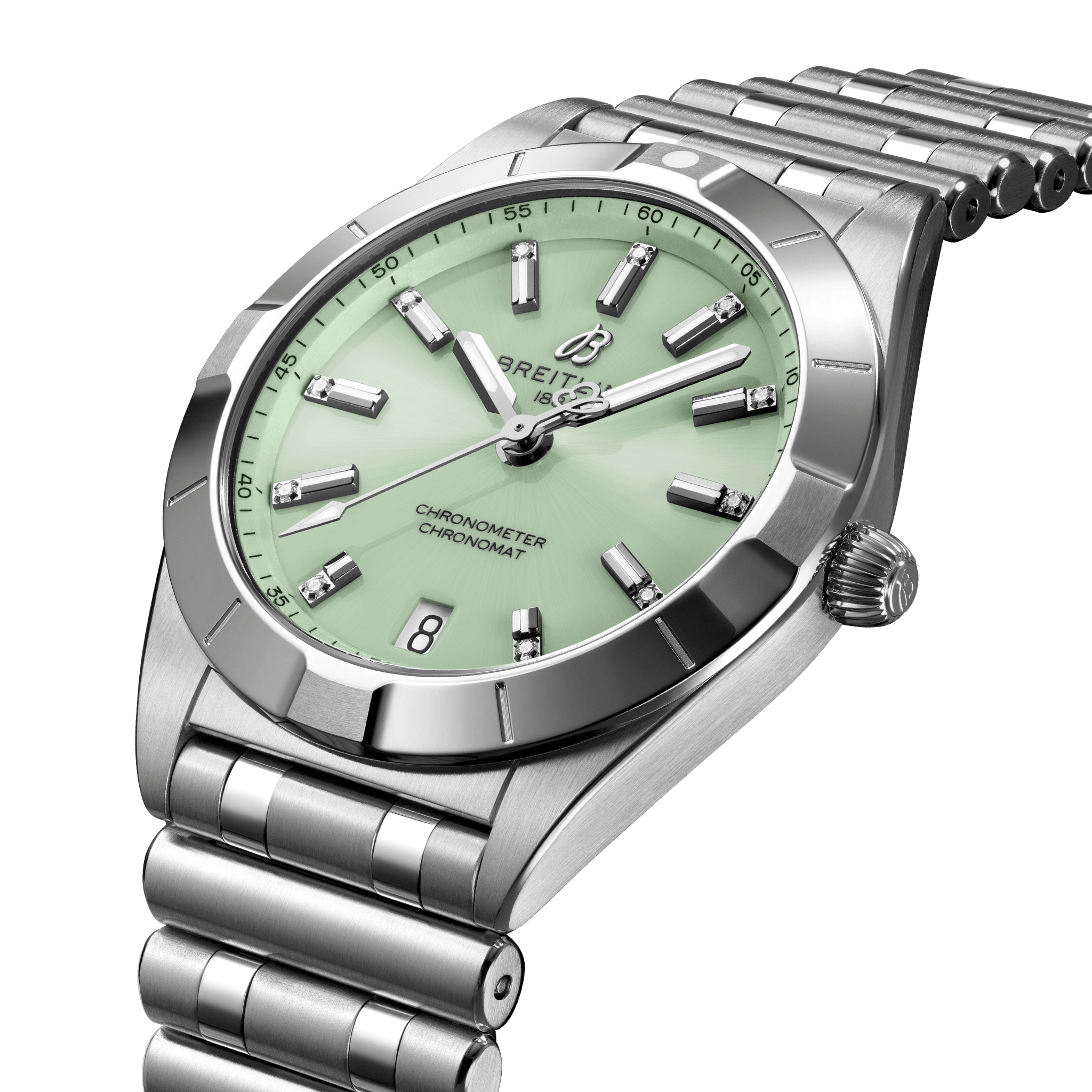 A77310101L1A1 Breitling Chronomat 32 stål mint grön och diamant index