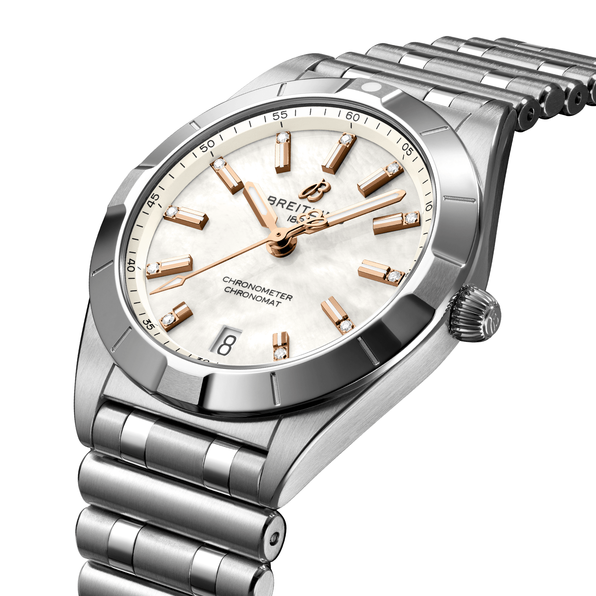 A77310101A4A1 Breitling Chronomat 32 stål pärlemor med rosé detaljer och diamant index